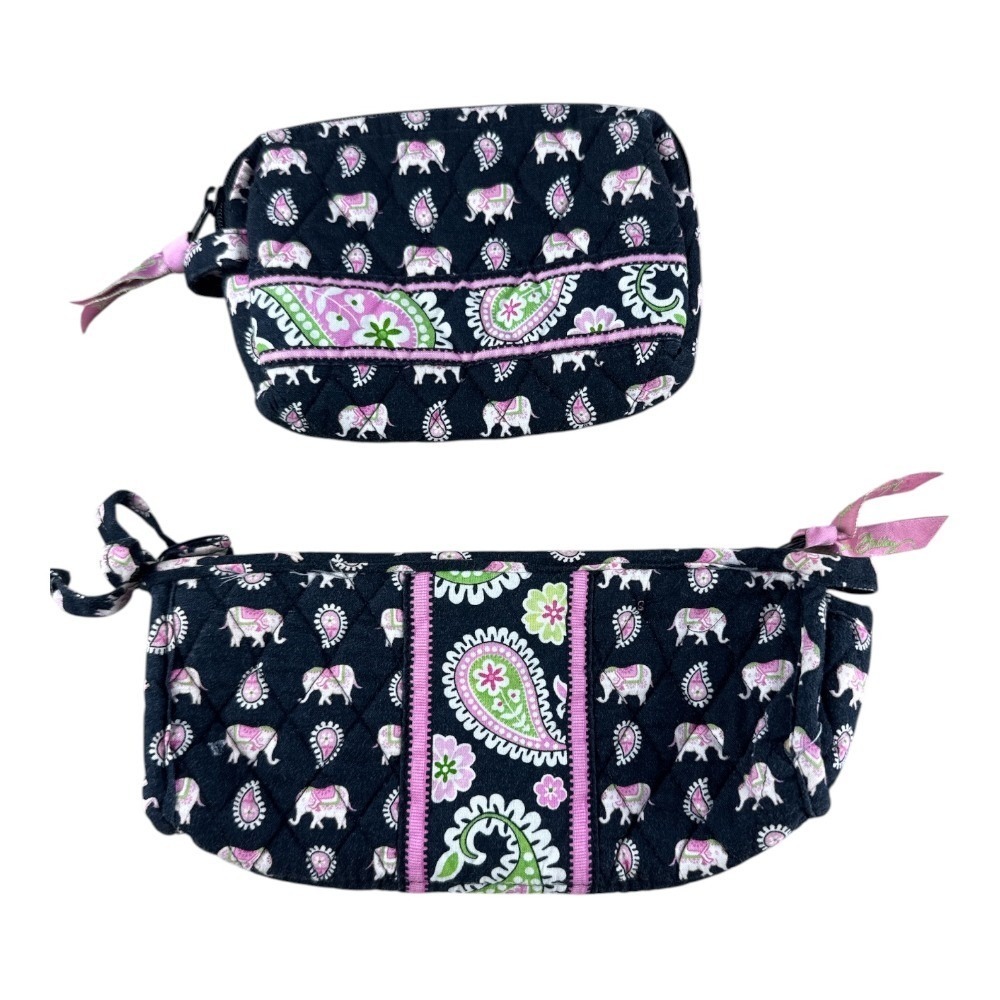 Vera Bradley Set of 2 Elephant Paisley Quilted Cosmetic Bags Black Pink Retired